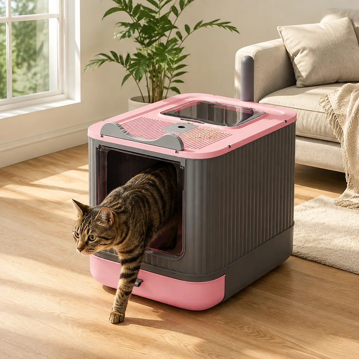 Large Enclosed Hooded Cat Litter Box with Lid, Self-Grooming Feature, Deodorizing Filter, Front Entrance, Top Exit Door, Waste Scoop, High-Side Anti-Urine Leakage Pull-Out Drawer Tray, Easy to Install & Clean detachable wall