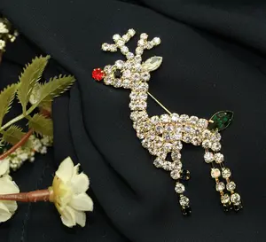 Rhinestone Rudolph Reindeer Christmas Pin Brooch, MOVABLE LEGS, Xmas Holiday Costume Jewelry Gift