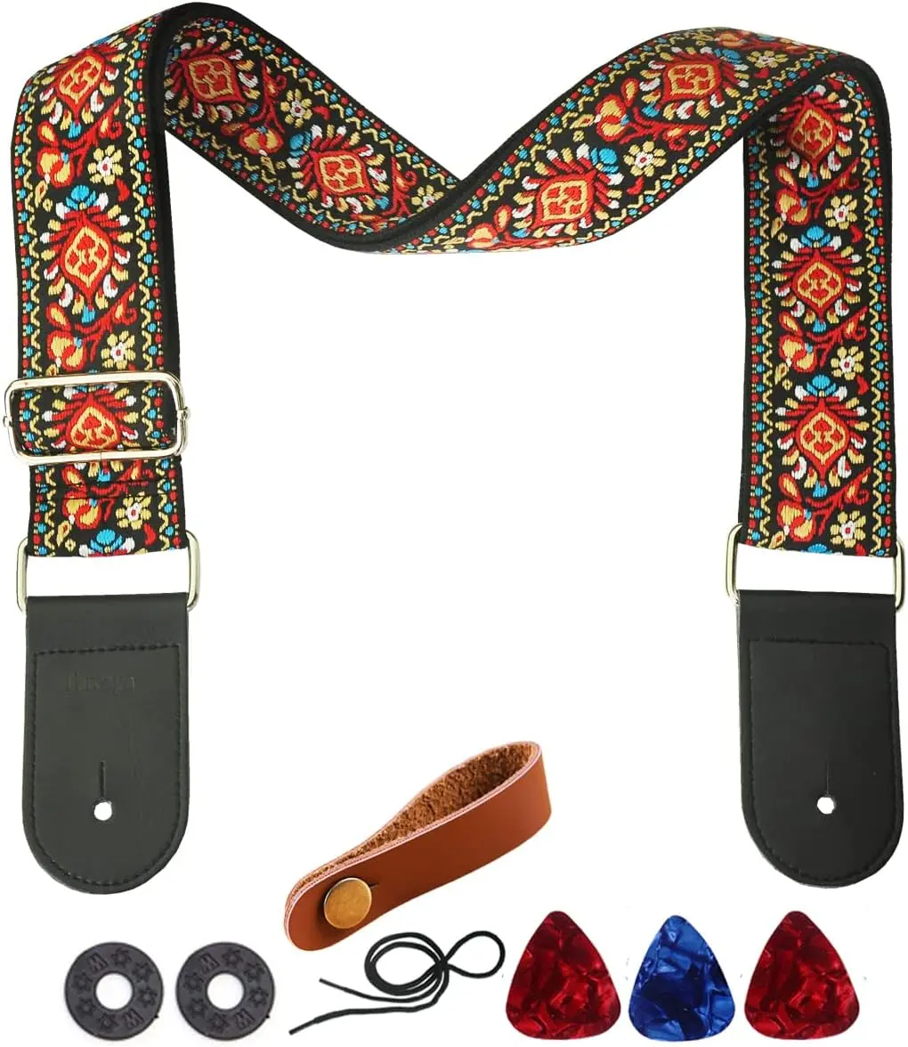 Guitar Strap Acoustic Electric Bass Guitar Strap Jacquard Weave Cotton Adjustable Guitar  Strap with 2Strap Locks + 3Picks+ Headstock Strap Button (Red Flower)