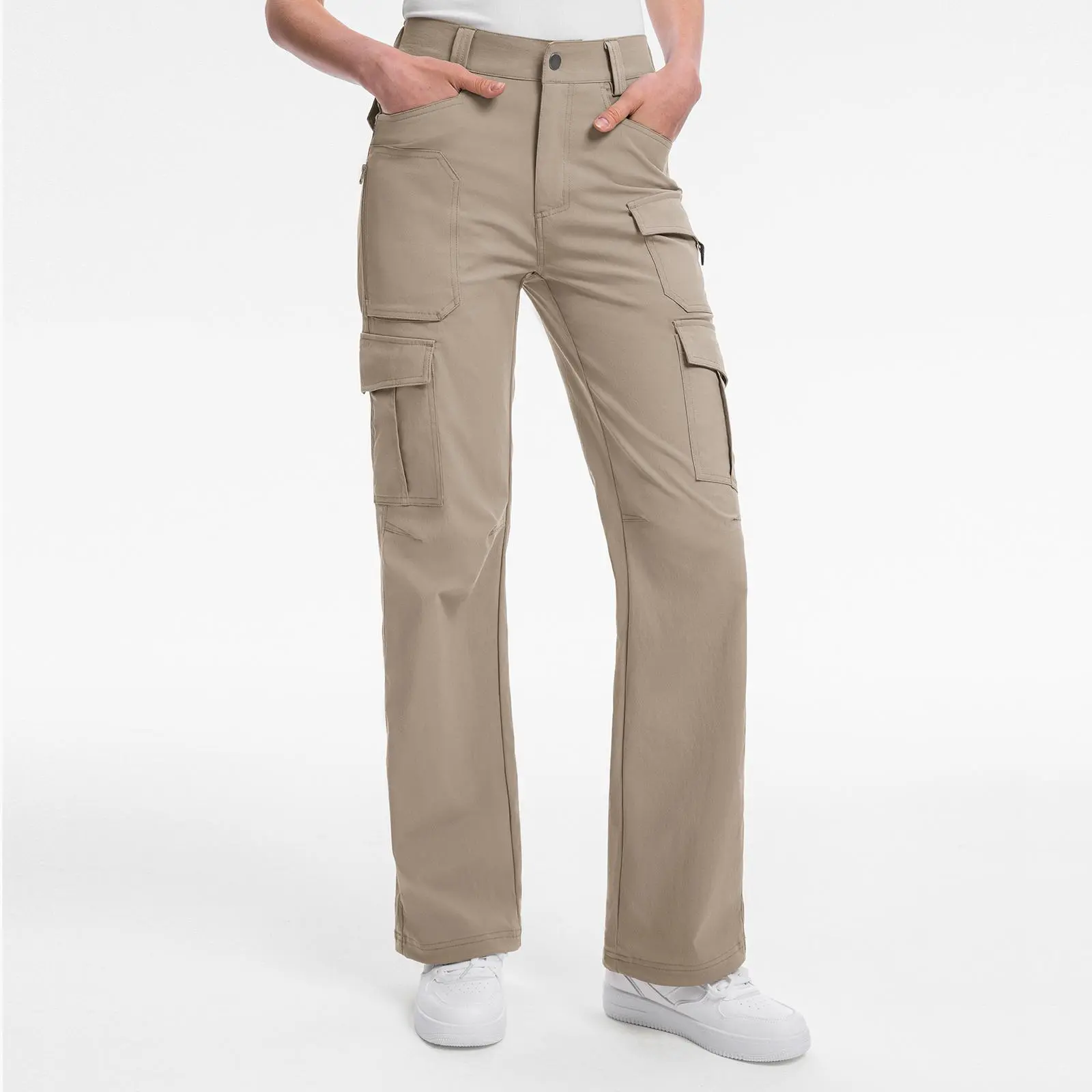 Moosehill Women's High-Waisted Cargo Hiking Pants - Lightweight Outdoor Drawstring Cinch Bottom Activewear Joggers with Multiple Pockets for Casual Streetwear (W038)