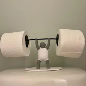3D Printed Weightlifting Man Toilet Paper Holder Compact Stylish Bathroom Tissue Rack Holds Two Rolls Fun Quirky Design