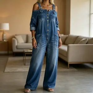 Womens Sexy Off The Shoulder Denim Jumpsuit Wide Leg Overalls with Pockets Y2K Streetwear Suspender Romper Baddie Fashion Baggy Jeans One Piece Casual Summer Festival Wear Effortless Chic 2026