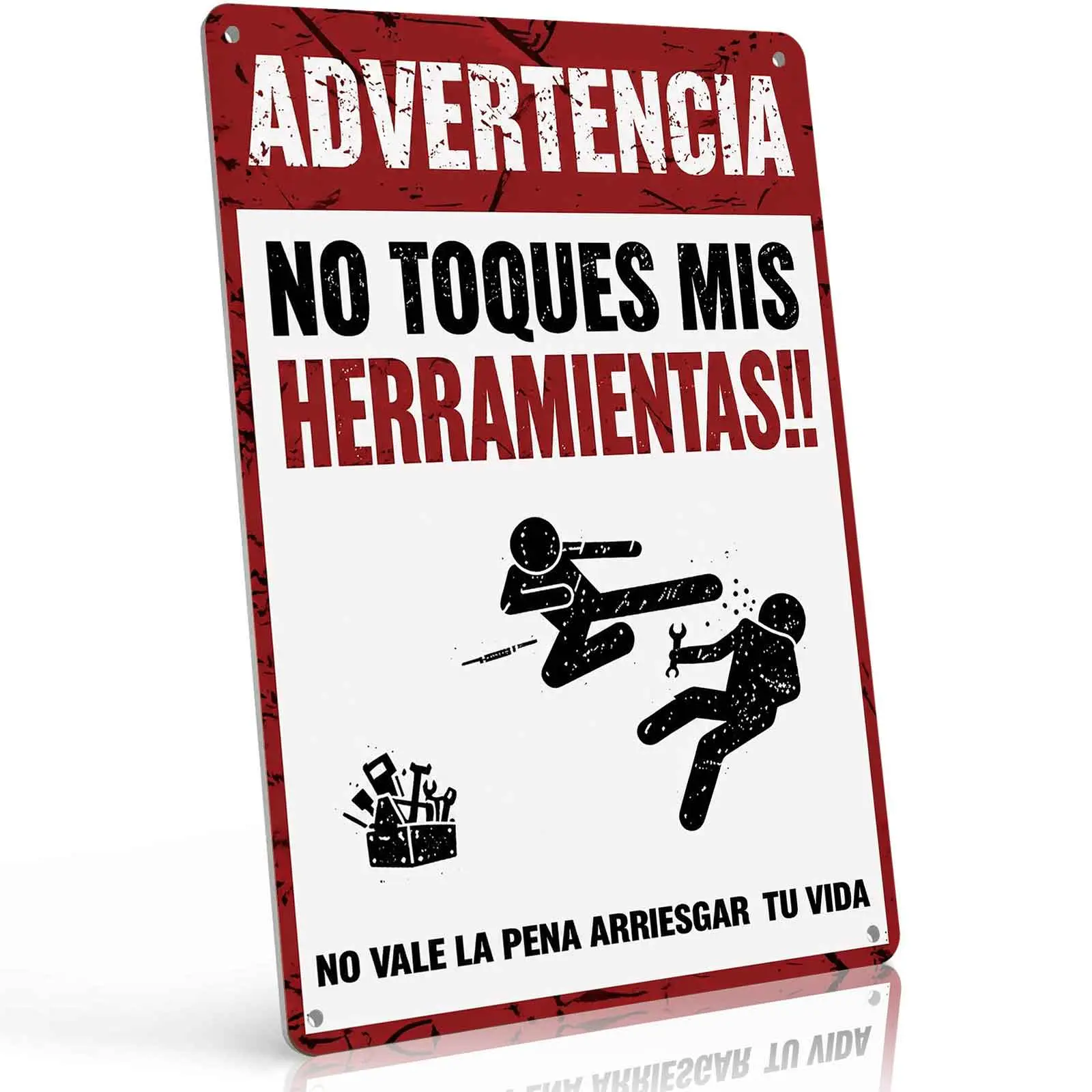 8x12 in Aluminium Metal Sign, "Advertencia No Toques Mis Herramientas" Funny Spanish Mechanic Wall Decor for Garage, Man Cave Home Decor Plaque