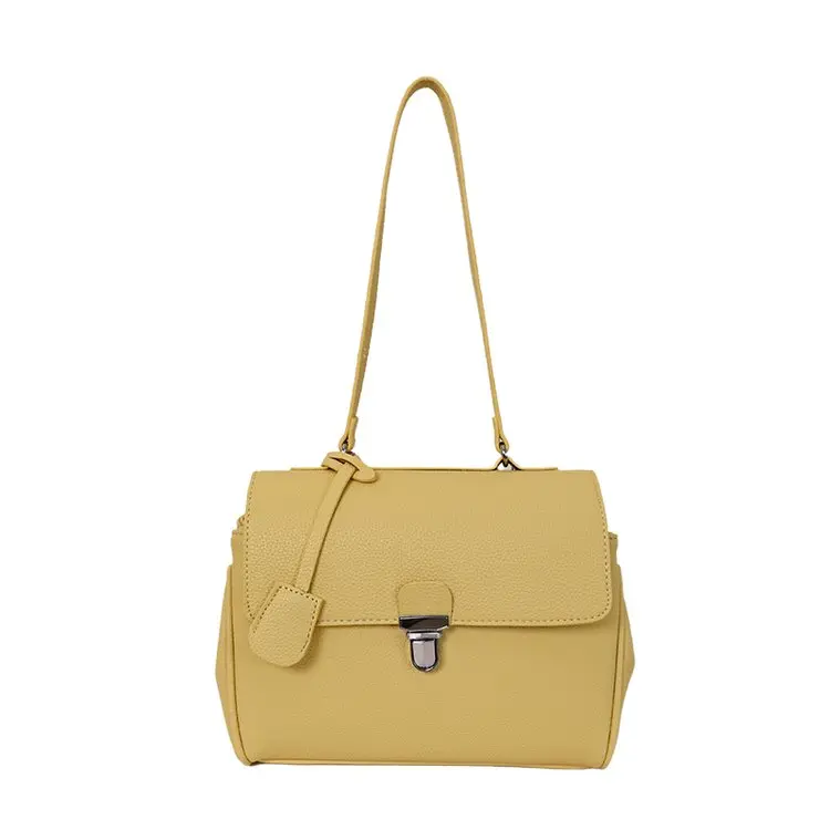 Pebble Grain Leather Flap Shoulder Bag, Silver Square Turn Lock Hardware Dual Carry Long Top Handle Detachable Wide Cross Strap Minimalist Women Daily Commute Handbag