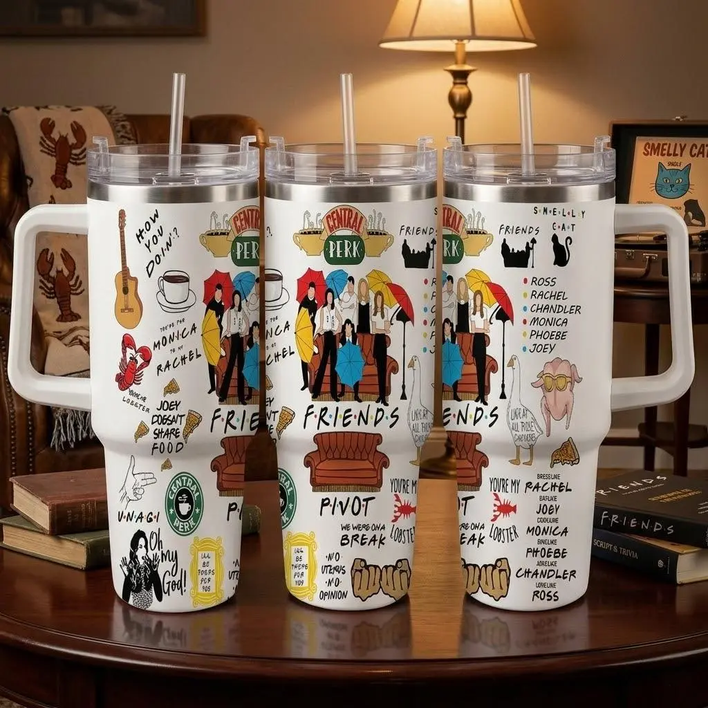 Friends TV Show Car Cup (40oz/30oz/20oz) Central Perk Print Cartoon Iconic Quotes Design Durable Stainless Steel Double Wall Insulated Tumbler Suitable for Office Home Travel Gift Party summerwins