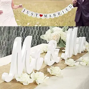 Mr and Mrs Sign for Wedding Table,Large White Mr and Mrs Sign,Wooden Letters,Mr & Miss Sign with Just Married Banner Wedding Decorations for Anniversary