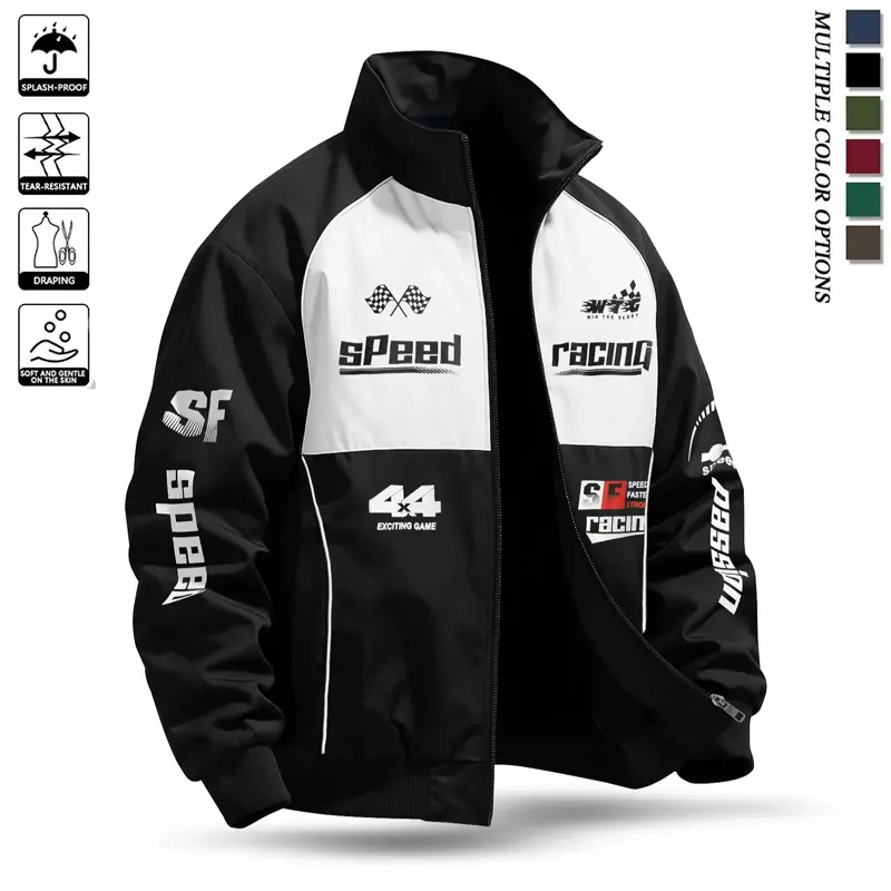 Men’s retro racing-style jacket with letter print and stand collar, windproof outerwear in Y2K street style—a loose, lightweight biker-inspired design suitable for everyday commuting and various streetwear occasions like hip-hop street wear.