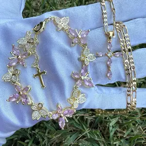Cross and Butterfly Jewelry Set Necklace and Bracelet with Pink Accents and Gold-Tone Finish