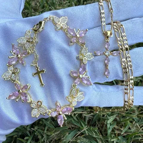 Cross and Butterfly Jewelry Set Necklace and Bracelet with Pink Accents and Gold-Tone Finish