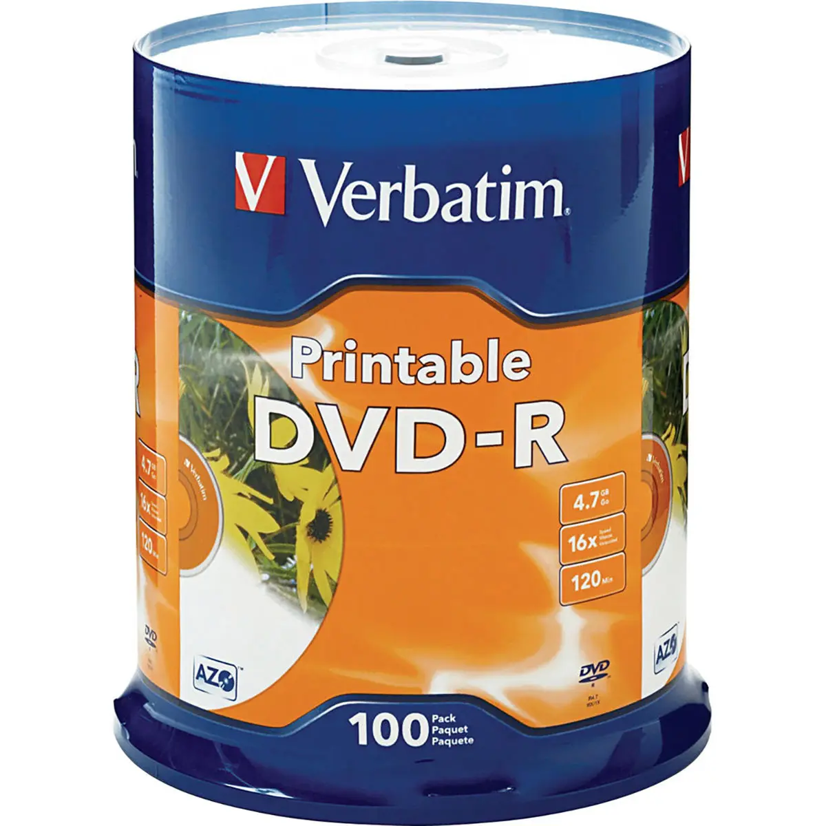 Verbatim DVD-R 4.7GB 16x White Inkjet Printable Recordable Disc, 100-Pack Spindle
