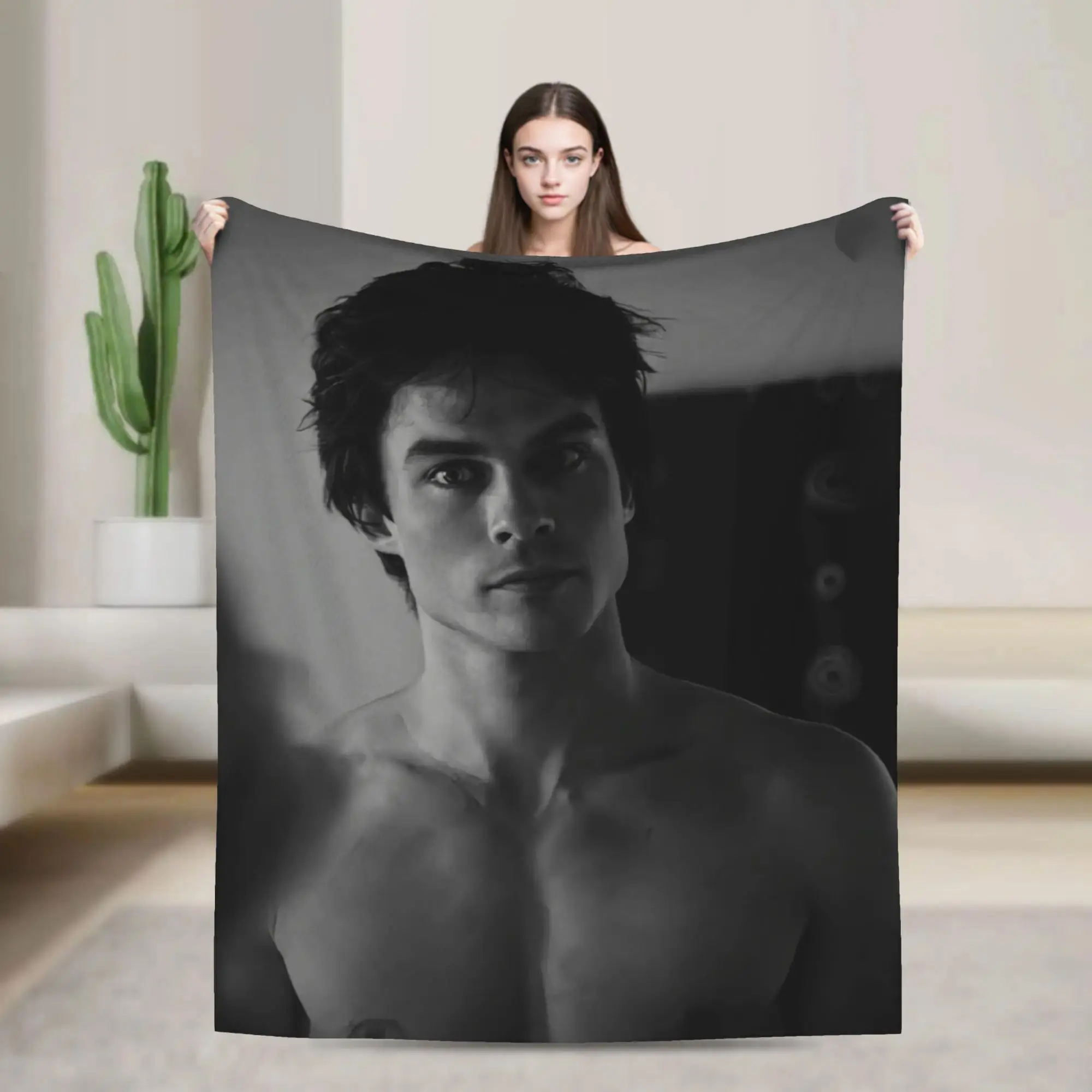The Vampire Diaries Damon Salvatore Flannel Blanket - Warm, Soft, Plush, Wrinkle-Resistant Throw for Bedroom, Watch Party Use (40in*30in, 60x50in) - Christmas Cozy Bedding Accessory