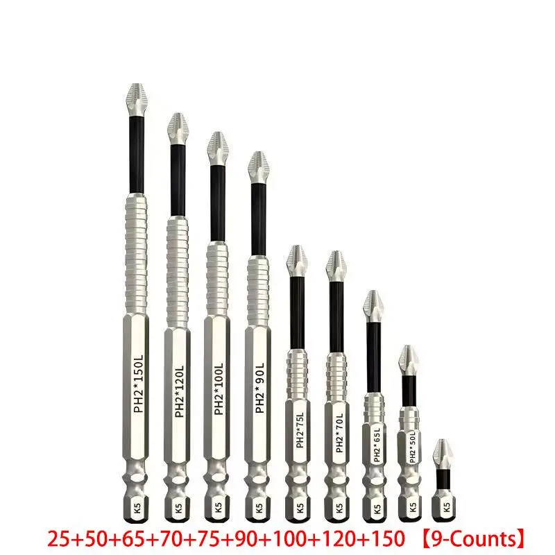 Screwdriver Bit Set - 4-piece/9-piece K5 impact-resistant steel bits, non-slip electric screwdriver bits