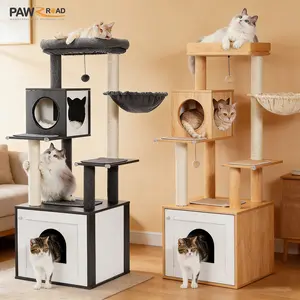 PAWZ Road Cat Tree with Litter Box Enclosure, 56.7-Inch Modern Cat Tower with Storage Cabinet and Spacious Wood Cat Condo, Sisal Covered Scratching Post and Repalcable Dangling Balls#SummerVibes #petlovers