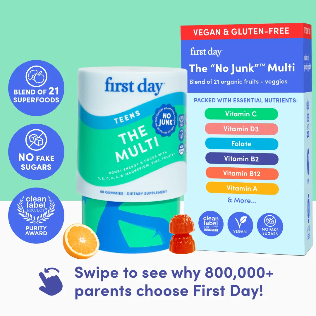 First Day Teen Multivitamin Gummies Ages 13-17, Natural Orange Flavor - 21 Organic Superfoods, Vitamin C D3 B12 Magnesium Zinc - Focus, Mood, Immunity, Energy, Clear Skin - 30-Day Supply, Vegan, Gluten-Free, No Junk