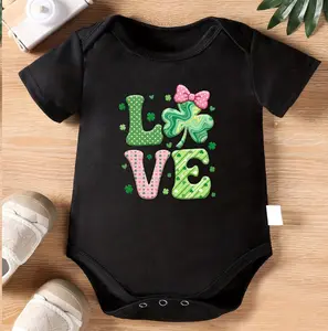 1pc Baby Crawling Suit - Light Blue Onesie with "LOVE" Shamrock Print - Soft Cotton Outfit for Newborns & Toddlers 0-3 Years - Perfect St Patrick's Day Gift - Machine Washable Infant Wear