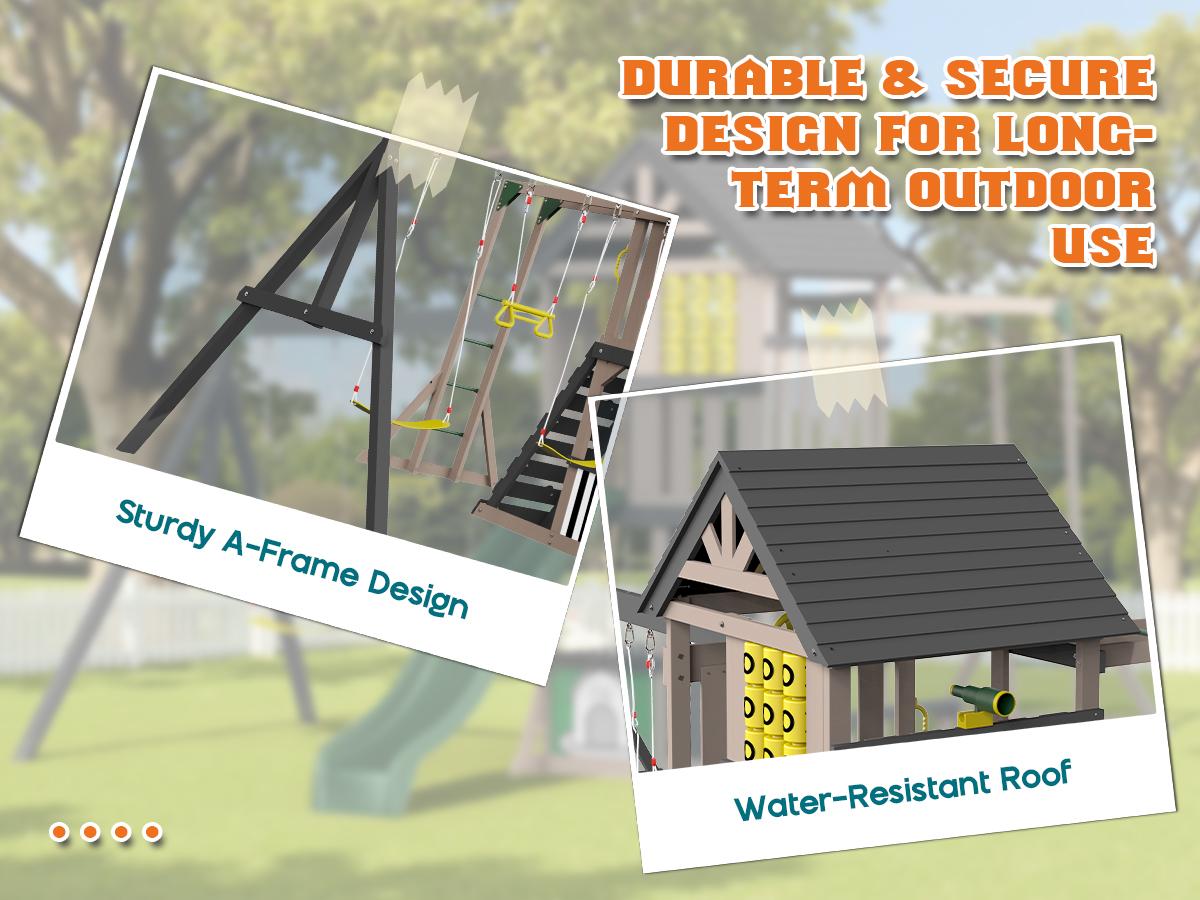 ALBOTT 3 Different Size Wooden Swing Set for Kids, Large Outdoor Wood Playhouse with Double Towers, Wave Slides, Swings, Climbing Wall & Ladder, Backyard Playground for Ages 3–8