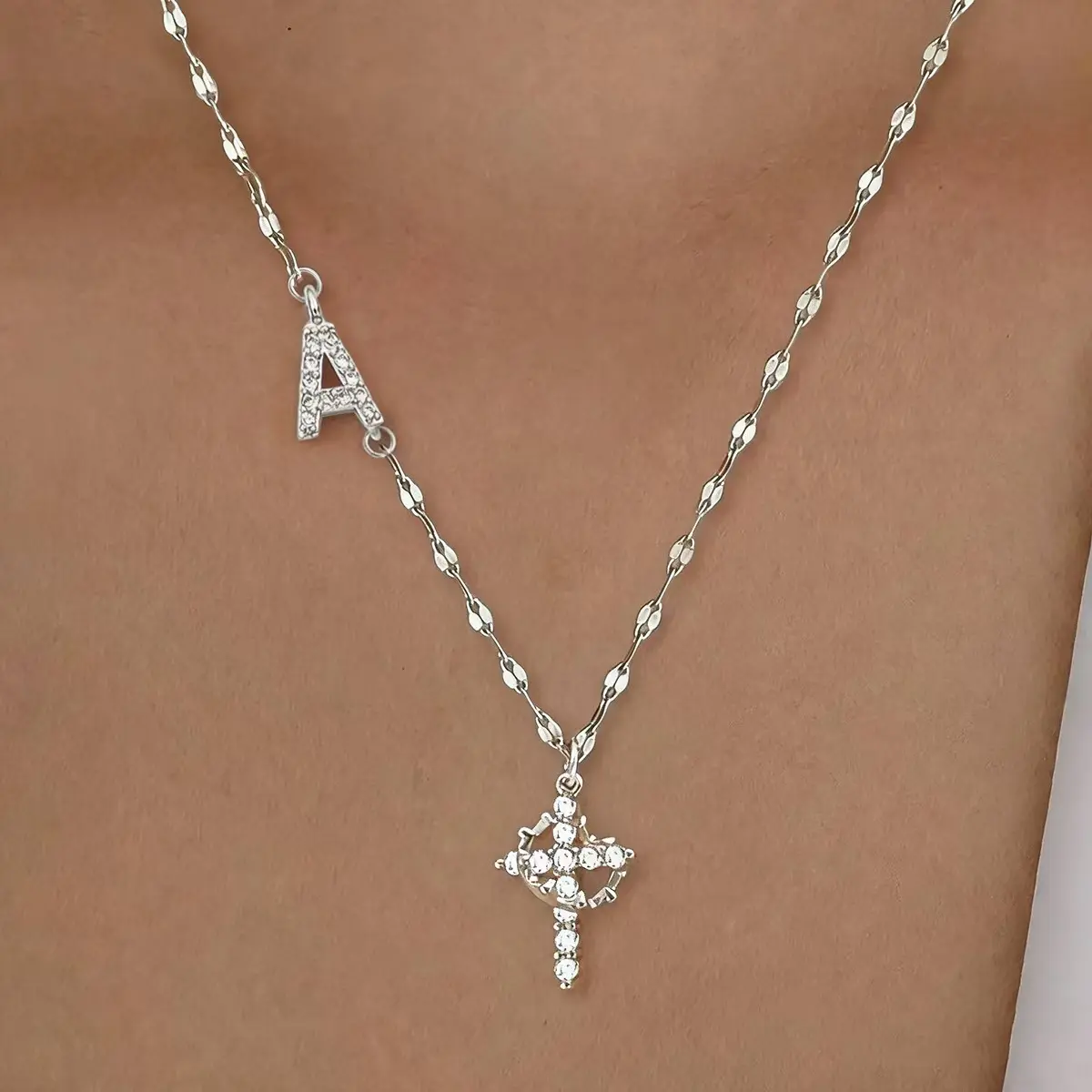 Gold Initial Letter A Cross Pendant Necklace Dainty CZ Crystal Rhinestone Layered Choker Necklace Trendy Religious Jewelry For Women Girls