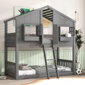 Low Profile Wood Bunk Bed with House Roof Design, Twin Size Solid Pine Wood Loft Bed with Windows, Door, and Wide Ladder, High Guardrails for Safety, Sturdy Frame, Under-Bed Storage Space, Easy Assembly