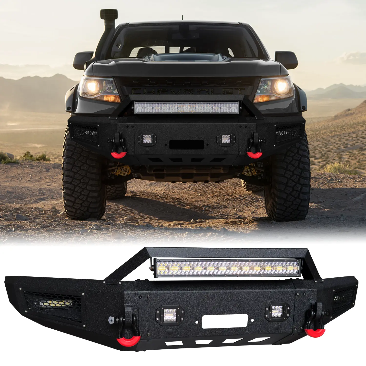 Vijay Black Textured Metal Front Bumper - Off-Road Accessory for 2017-2020 Chevy ZR2 Colorado, With Winch Plate, 2 LED Lights, 2 x D-Rings, Off-Road Performance, Enhances Durability, Adds Towing Options, Simple Screw Installation, D-Ring Slots