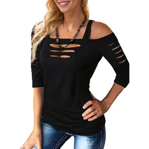 Womens Sexy Tops Cut Out Cold Shoulder Half Sleeve Shirts Square Neck Hollow Out Ruched Concert Rock Tee Blouse