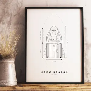 Spacex Falcon Crew Dragon Print, Rocket Blueprint Poster For Modern Space, Minimalist Space, Vintage Space Decor, Wall Art Decor, Home Decor, Poster Print, Birthday Present