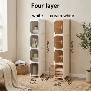 Slim Bathroom Storage Cabinet for Small Spaces, 4-Tier Narrow Tall Plastic Organizer with Doors, Adjustable Shelves & Lockable Wheels, Foldable Stackable Floor Cabinet for Apartment, Laundry Room, Kitchen Corner, Toilet Side Slim Gap Storage