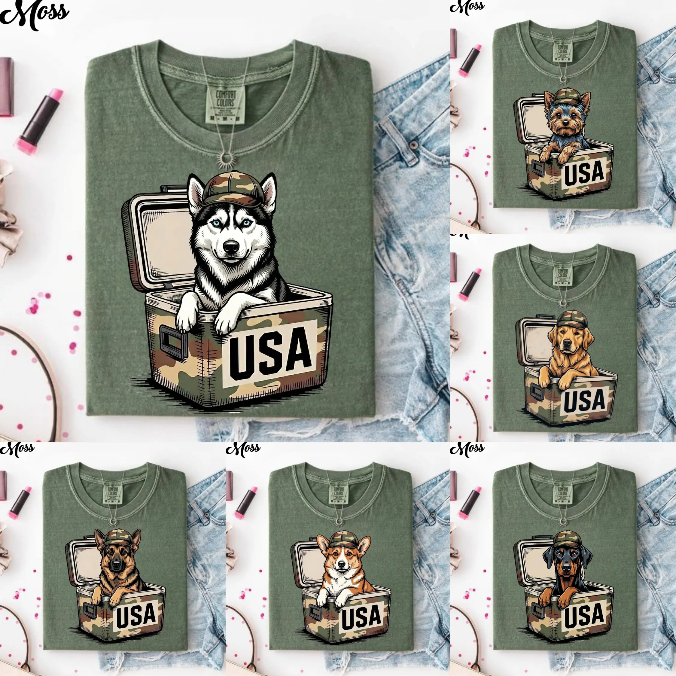 Custom Dog Shirt Comfort Colors T-Shirt, Personalized Military Pet Portrait Graphic Tee, Dog Breed Wearing Camo Hat In USA Ammo Box Print, Front Graphic Print Tee, Patriotic Gift For Dog Mom Dad Veterans And Pet Lovers