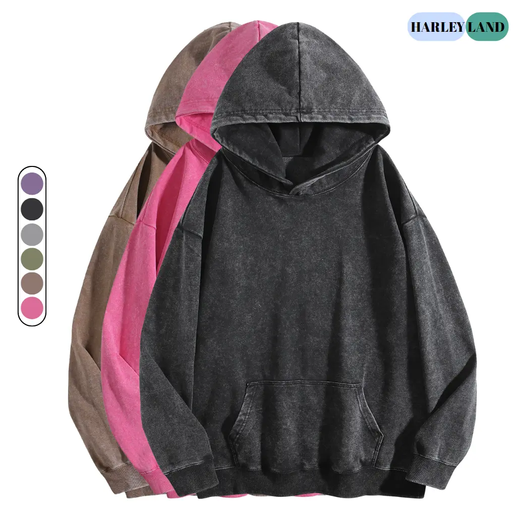 HarleyLand Women's Oversized Acid Wash Cotton Hoodie, Fashion Loose Longsleeves Pullover, Vintage Casual Fabric Sweatshirt for Fall Winter 2026 (Unisex Fit Available), Polyester, Menswear, Classic