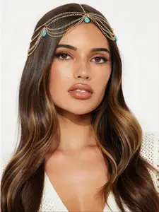Boho Turquoise Fringe Headband with Gold Chain, Vintage Style Hair Accessory, Vintage Appeal, Wedding Jewelry, Women's Fashion Headpiece