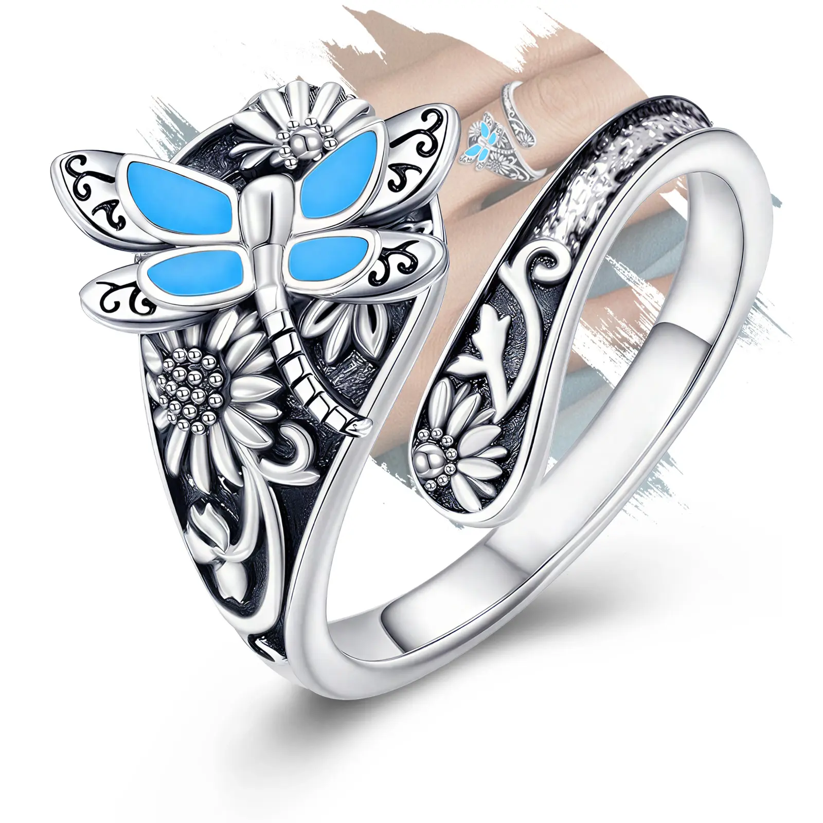 AELN Sterling Silver Spoon Ring for Women Adjustable Dragonfly Flower Design - Victorian Vintage-Inspired Boho Oxidized Floral Thumb Wrap Ring, 925 Sterling Silver Gift Box Included, Ideal Everyday Wear