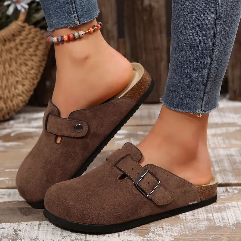 Womens Suede Half Head Sandals Comfort Soft Cork Sole with Adjustable Buckle for Outdoor Indoor Slippers