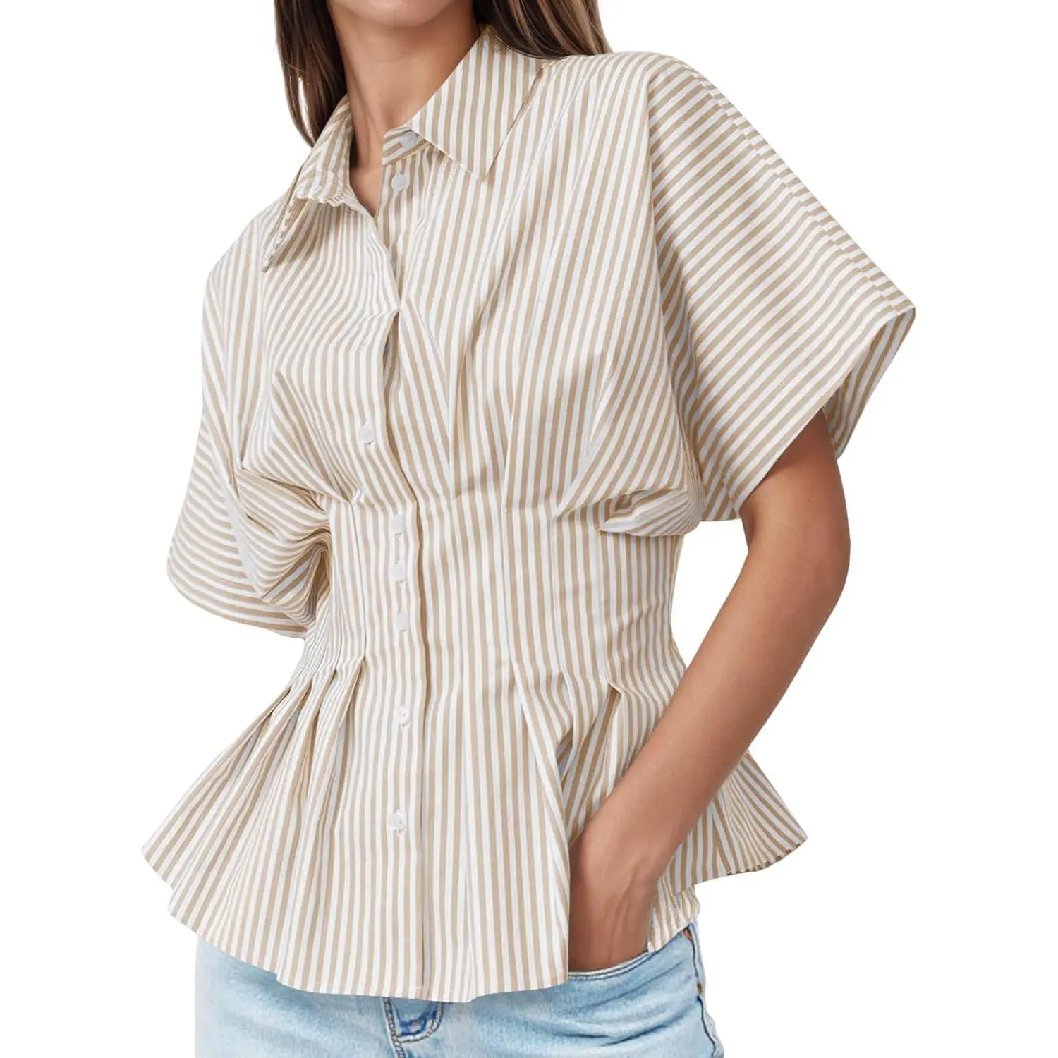 Tankaneo Womens Striped Peplum Button Down Shirts Short Sleeve Pleated Tops Summer Business Casual Blouses Shortsleeve Womenswear