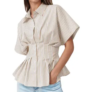 Tankaneo Womens Striped Peplum Button Down Shirts Short Sleeve Pleated Tops Summer Business Casual Blouses