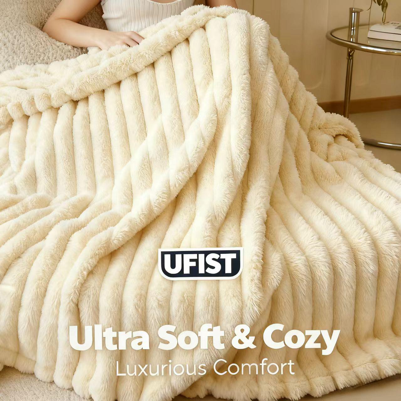 UFIST Luxurious Faux Rabbit Fur Throw Blanket - Ultra-Soft Warm Cozy Bedspread, Multi-Color Contemporary Rabbit Light Beige Texture for Couch, Bed, Travel - All-Season Christmas Gift Bedspread