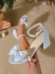 Fashion High Heel Sandals for Women, Open Toe Sweet Style, Butterfly Knot, Pearl Buckle, Summer Thick Heel, Casual Daily Wear