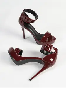 Women's Solid Color Peep Toe Stiletto Sandals, PU Leather Fashionable Buckle Design High Heel Sandals for Summer, Female All-match Shoes for Daily Wear, Girl, High Heeled Sandals, Footwear