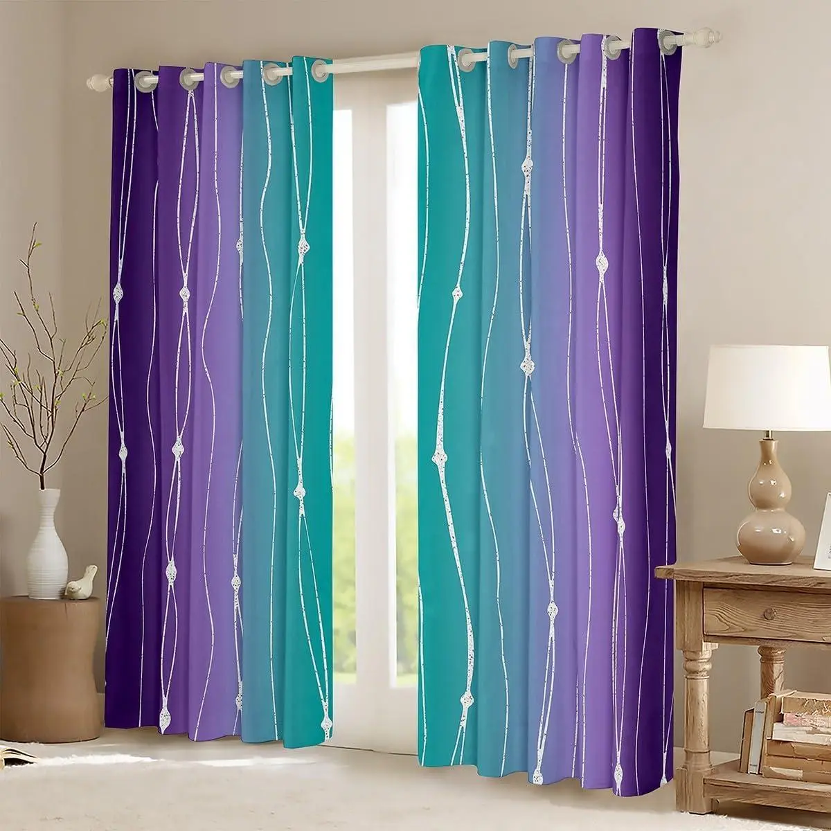 Teal and Purple Gradient Blackout Curtains Watercolor Ombre Curtains & Drapes,Abstract Aesthetic Window Treatments Wave Line and Dots Window Drapes