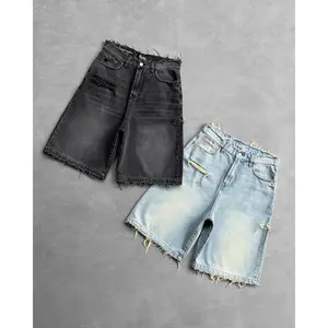 men's summer hip-hop ripped denim shorts  black punk washed loose work shorts retro fringed casual streetwear denim men's wear Jeans Menswear Vintage Baggy Hole Trouser Pants Pocket Beige Plain Tropical