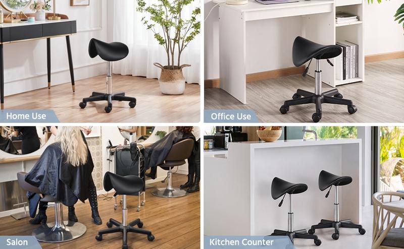 Yaheetech Rolling Saddle Chair with Wheels, Swivel Adjustable, PU Leather, Hair Stylist & Lash Tech Use, PU Leather Design