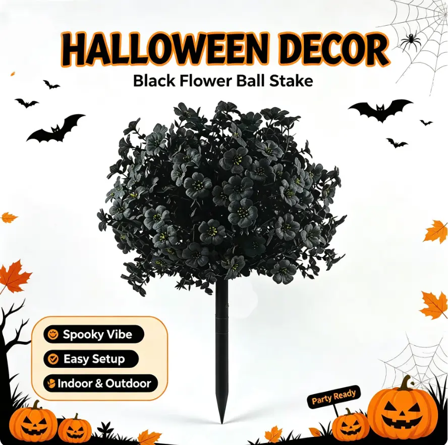 Gothic Spooky Black Artificial Flower Ball Stake - Easy-Setup Halloween Festive Decor, Ground Insert Pick for Fall Outdoor Yard, Home Front Door Party Supplies, Default
