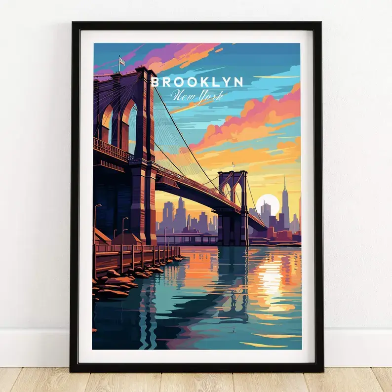 Unframed Vintage Brooklyn Bridge Artistic Photo Wall Print - New York Cityscape Digital Paper Home Decor, Traveler Gift