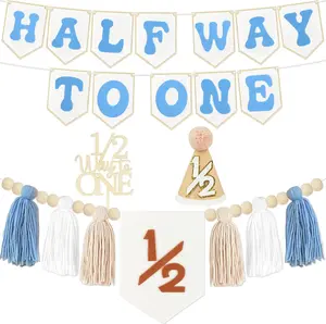 1/2 Birthday Boy Half Birthday Decorations - Half Way to One Banner Cake Topper Tassel Wood Bead High Chair Banner Hat for Boys and Girls 6 Months Birthday Decorations Party Supplies