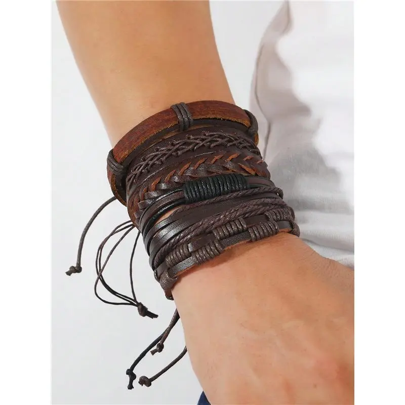 6-Piece Bracelet Set for Women, Classic Multi-Layer Braided PU Leather Bands, Elegant Stackable Jewelry for Daily Casual Wear, Glamorous Look, Multi-Layer Braids