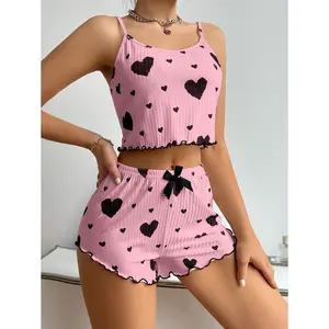 Summer New Heart Knitted Pit stripe with Heart-shaped Print design, Sweet Camisole Shorts, Sleepwear for Women
