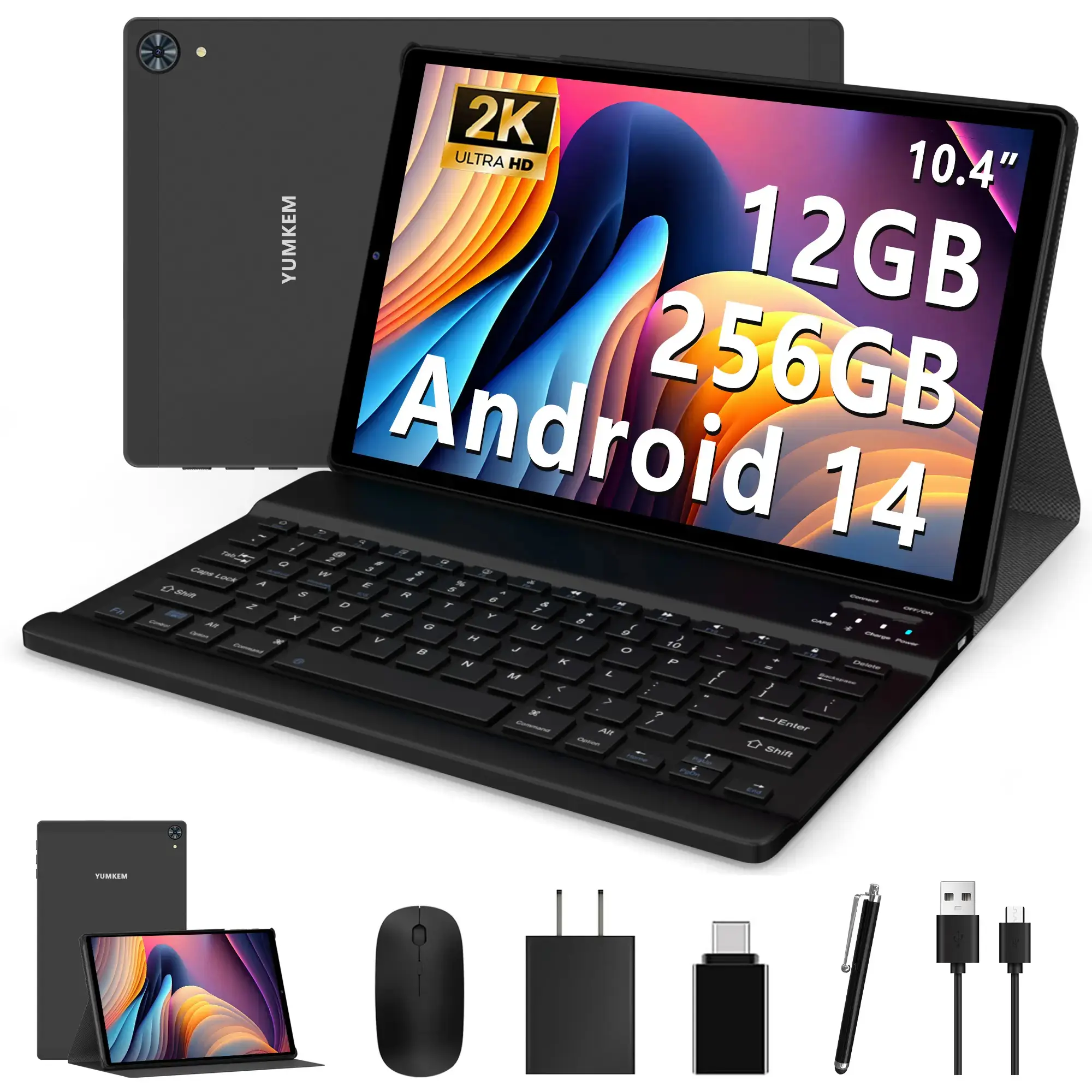 YUMKEM Android 14 Tablet Bundle, 10.3 Inch 2K IPS Display 2000 x 1200, Octa-Core Processor, 6+6GB RAM 256GB Storage 1TB Expandable, 8000mAh Battery, Dual-Band 2.4G/5G WiFi, 5MP+8MP Cameras, Keyboard, Mouse, Stylus & Protective Case, WiFi-Only TabletPC
