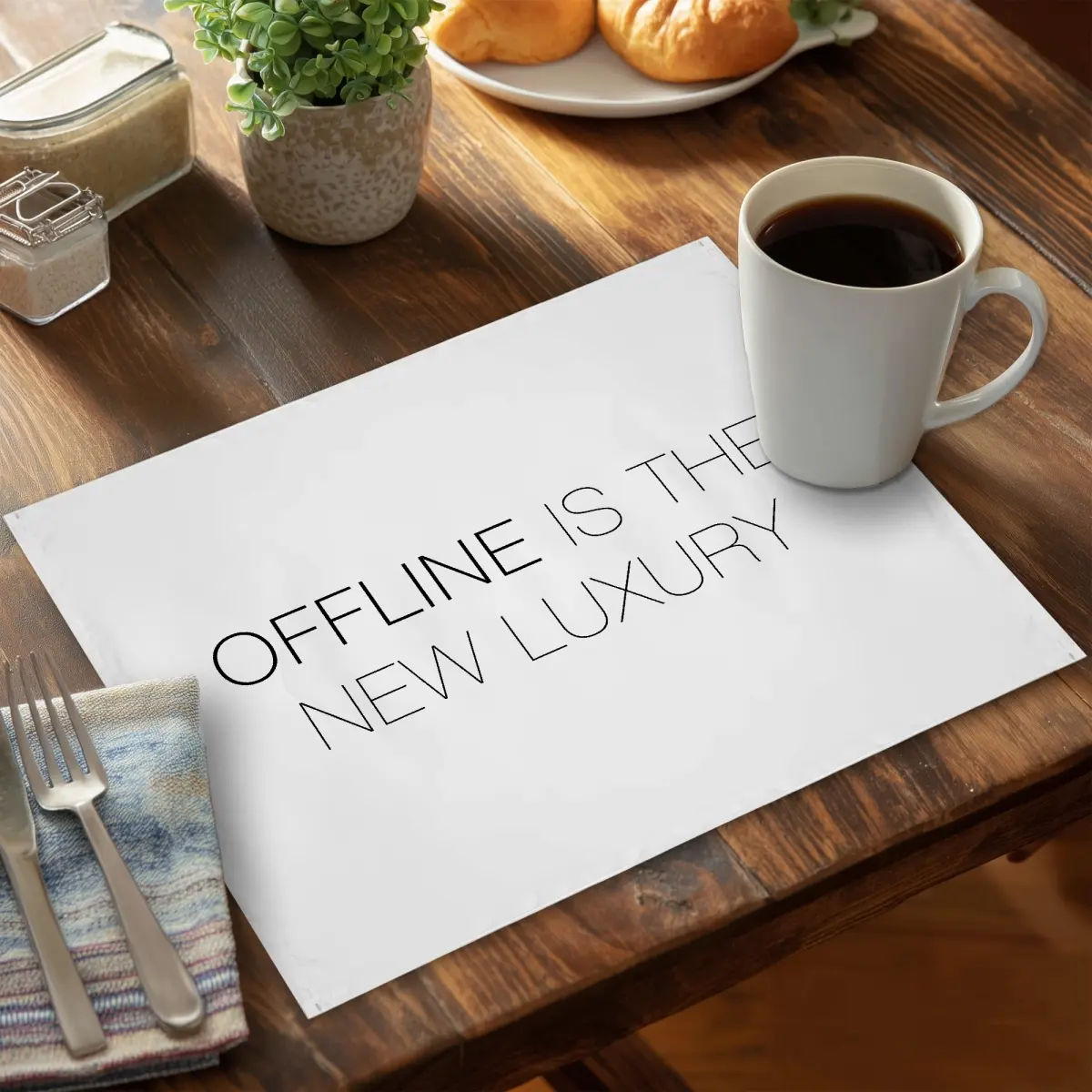 360 stand Rectangular Placemat - 14x18 in. White Shapes Quote Design, "Offline Is the Luxury" Motivational, Minimalist Coasters Home Decor Kitchen Tableware (CPPM1418SJRUV0), Modern Placemats & Coasters, Minimalist Placemats & Coasters, Easy Maintenance