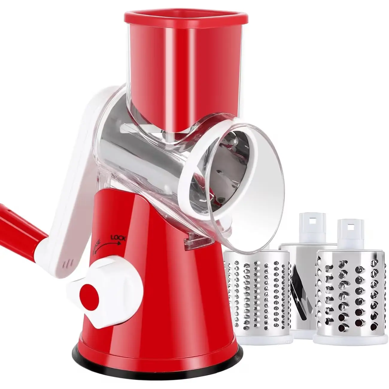 Multifunction 3-In-1 Manual Hand Crank Food Processor, Rotary Cheese Grater-Vegetable Slicer with Interchangeable Stainless Steel Drum Blades for Fruits, Nuts, Chocolate