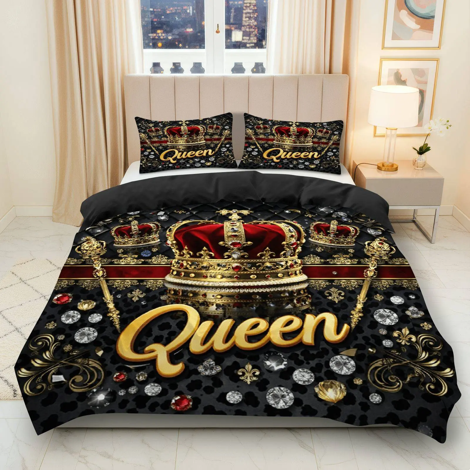 3PCS Duvet Cover Set, 1 Duvet+2 Pillowcases(Without filler), Royal Crown Luxury Elegant Regal theme, Christmas bedding set, Queen Decor Glamour Bedroom Stylish Home Suitable for decoration Bedroom Hotel Guest Room Suite