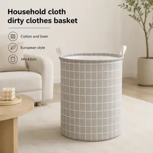 French Country Laundry Basket, Aesthetic European Home Decor, 34x42cm Cotton Linen Dirty Clothes Bin, Farmhouse Laundry Room Essentials organiser