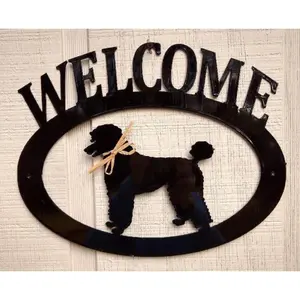 212 MAIN Lazy Scroll-Poodle Glossy Metal Sheet Welcome Sign - Door Plaque, Cute Entryway Home Decor Accessory